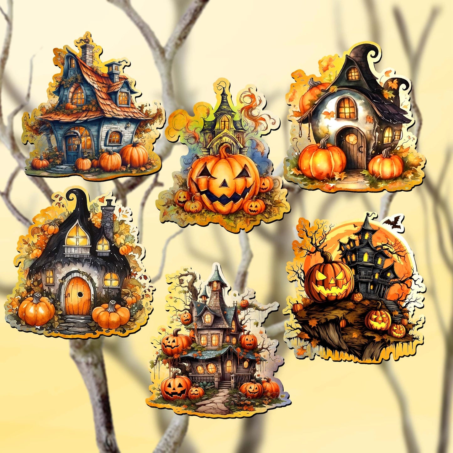 Spooky Houses Decorative Wooden Clip-on Ornaments of 6 by G. Debrekht - Halloween Decor - 8090007C-S6