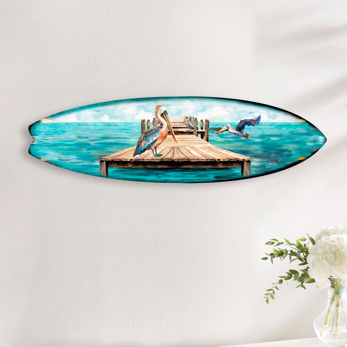 Pelican on the Pier Surfboard Coastal Wall Art by G. DeBrekht - Coastal Holiday Decor - 8490127HS