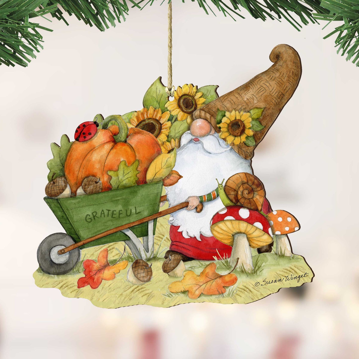 Autumn Decoration Grateful Harvest Gnome with Wheelbarrow and Cornucopia - Handmade Gift by Susan Winget - 8471207-SW
