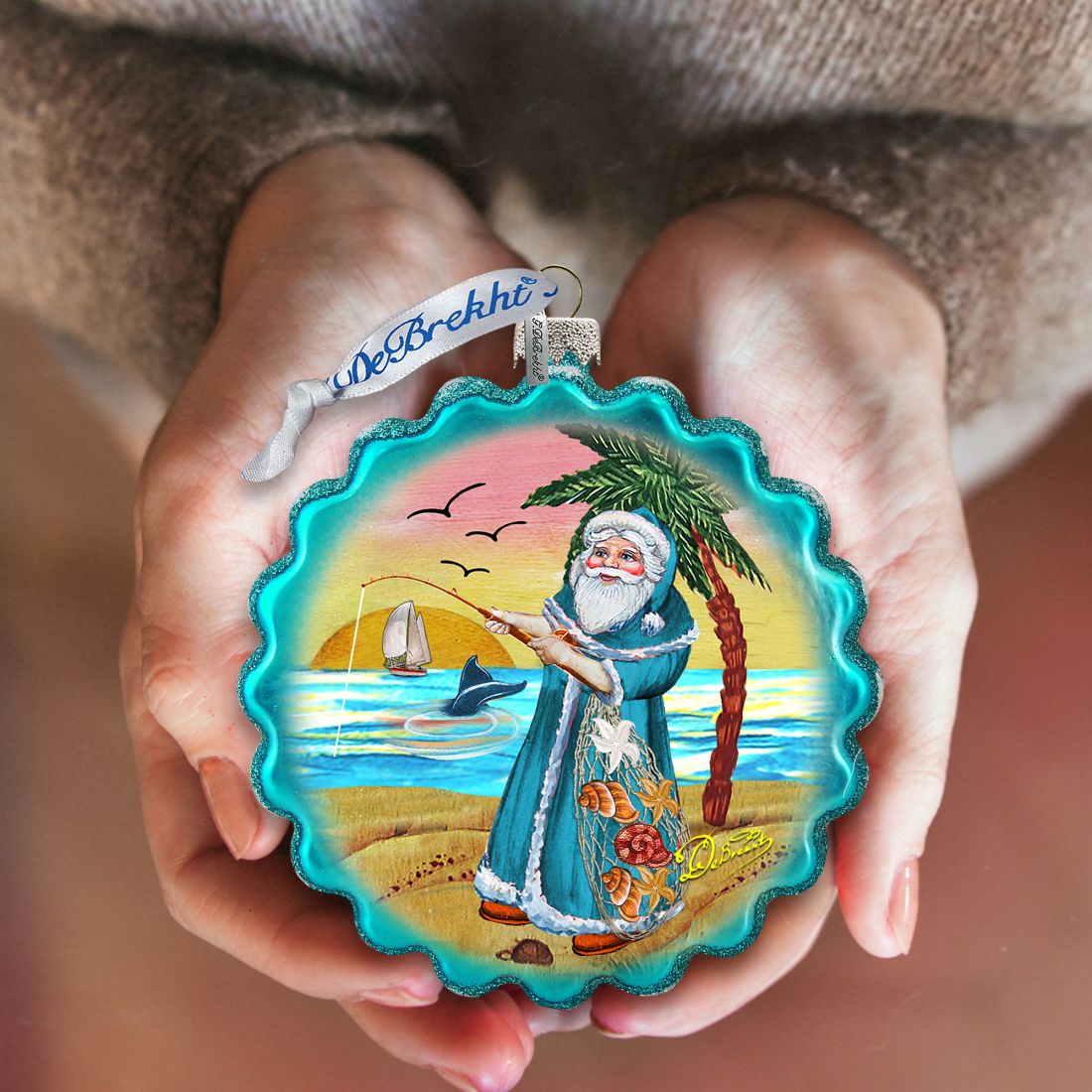 Santa with Shells Wreath Glass Ornament by G. DeBrekht - Coastal Holiday Decor - 759-041