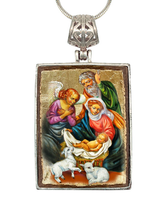 The Holy Family Religious Jewelry Silver Plated Necklace, Gold-Plated Wooden Cabochon - Orthodox Sacred Icon - Inspirational Icon Decor - 43020R