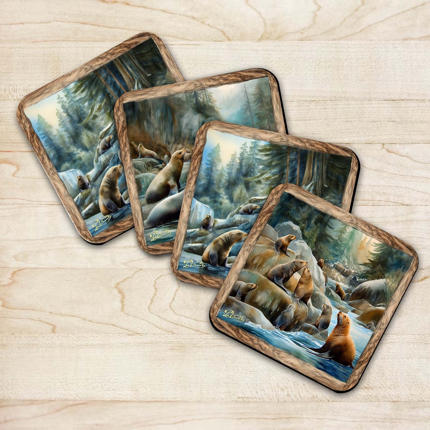 Coastal Sea Lions Wooden Cork Coasters Gift Set of 4 by Nature Wonders Nature Wildlife Decor  - 95386C-S4