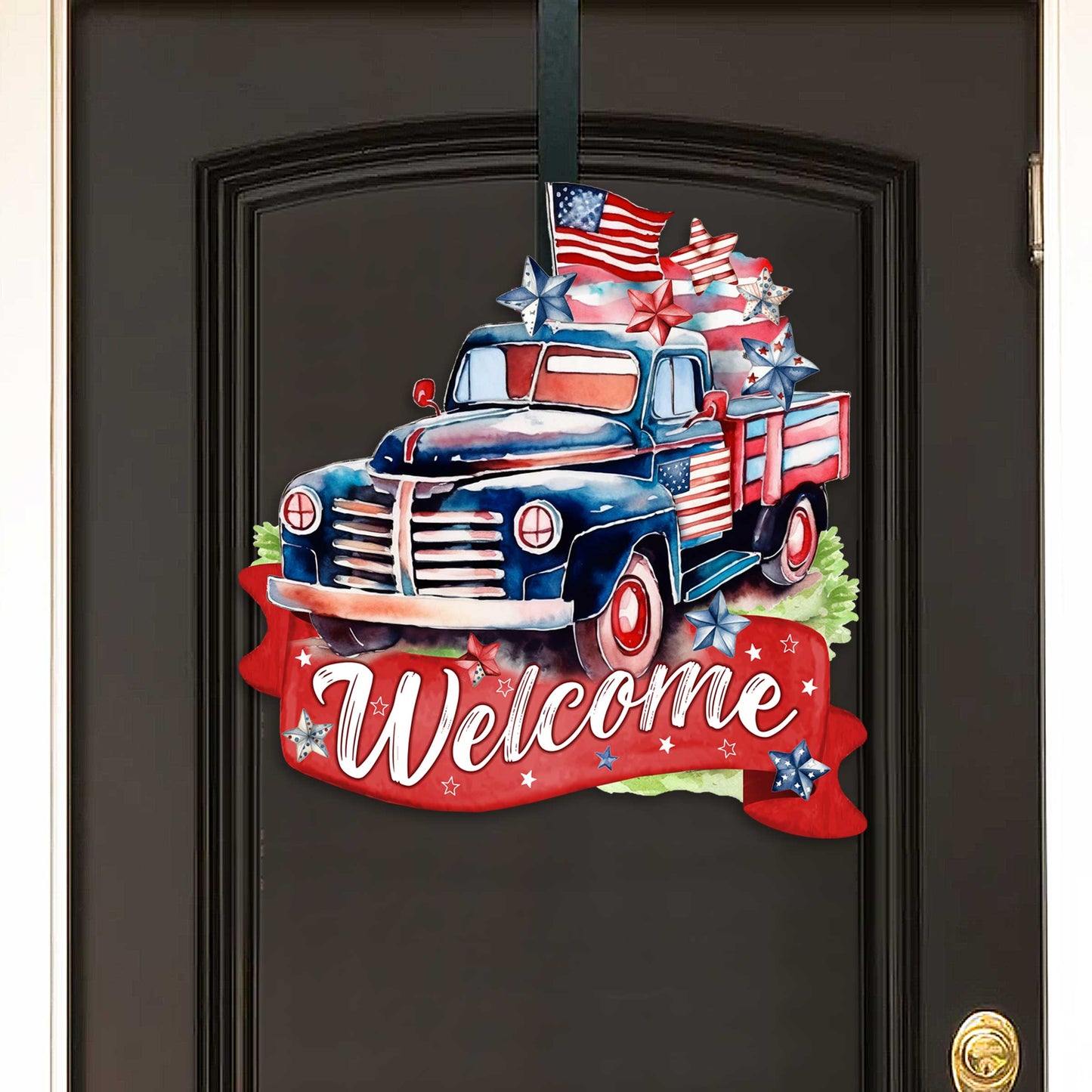 Front door welcome sign American Car United we stand Front porch Patriotic wreath Main entrance banner Red and White Welcome sign - Wooden front porch decor - 933108H