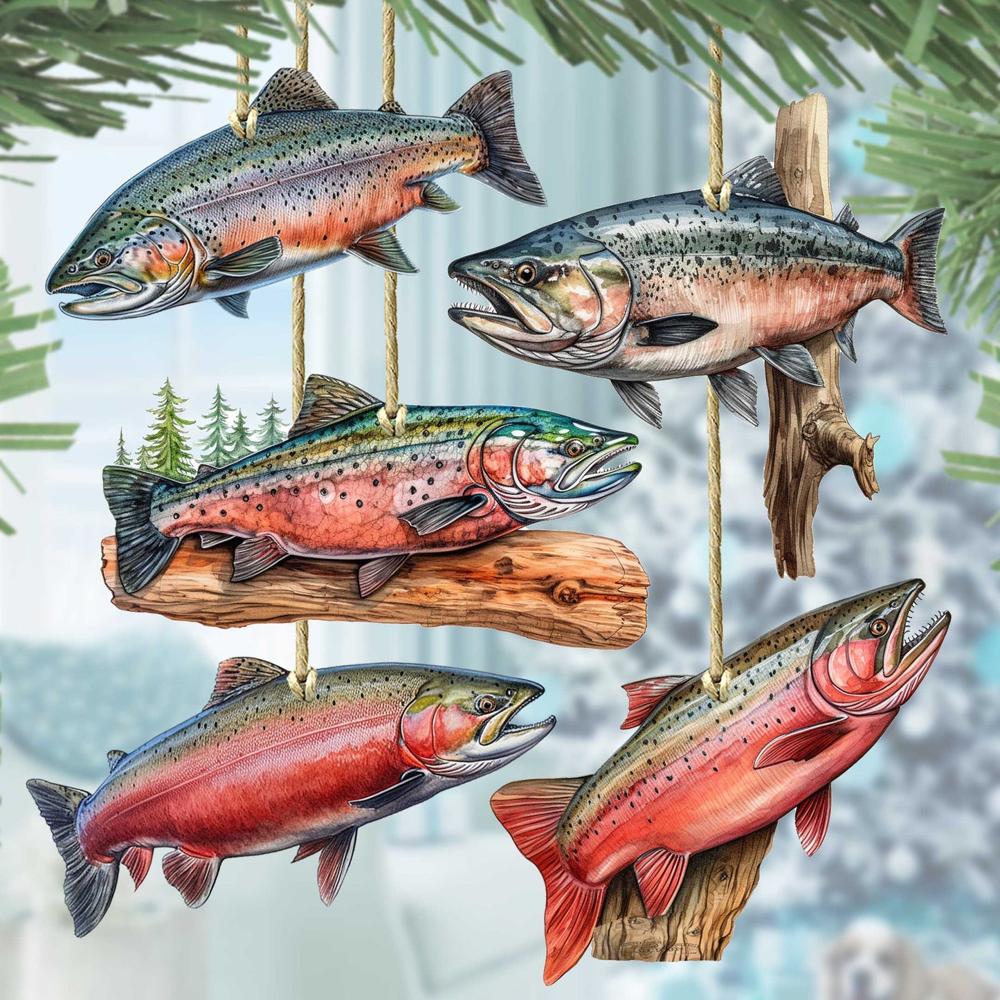 Alaskan Salmon Wooden Ornaments Set of 5 by G. Debrekht - Wildlife Holiday Decor - 8091322S5