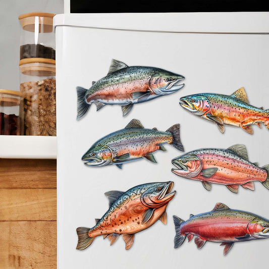 Wild Salmon Tales Decorative Wooden Magnets Set of 6 by G. Debrekht - Wildlife Coastal Decor - 8090109G-S6
