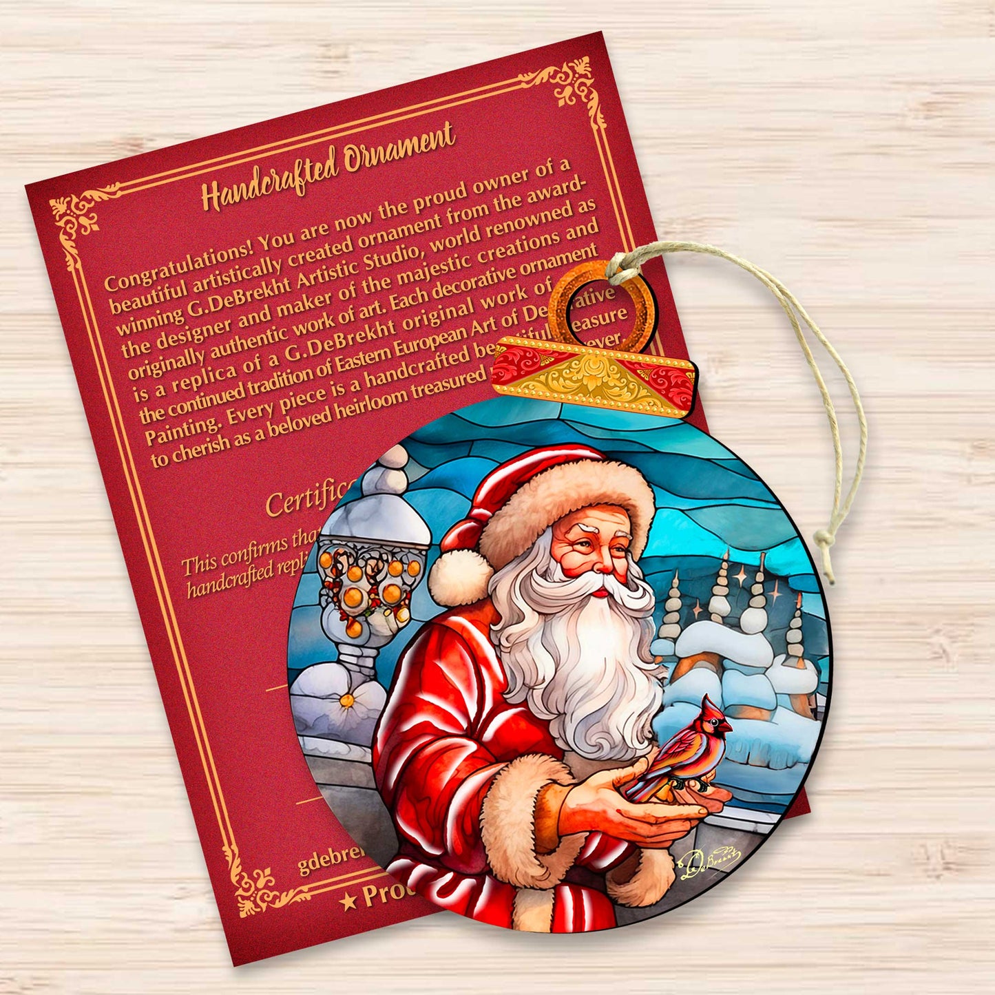 Santa with Red Cardinal Holiday Wooden Ornaments by G. Debrekht - Santa Snowman Decor - 8652807