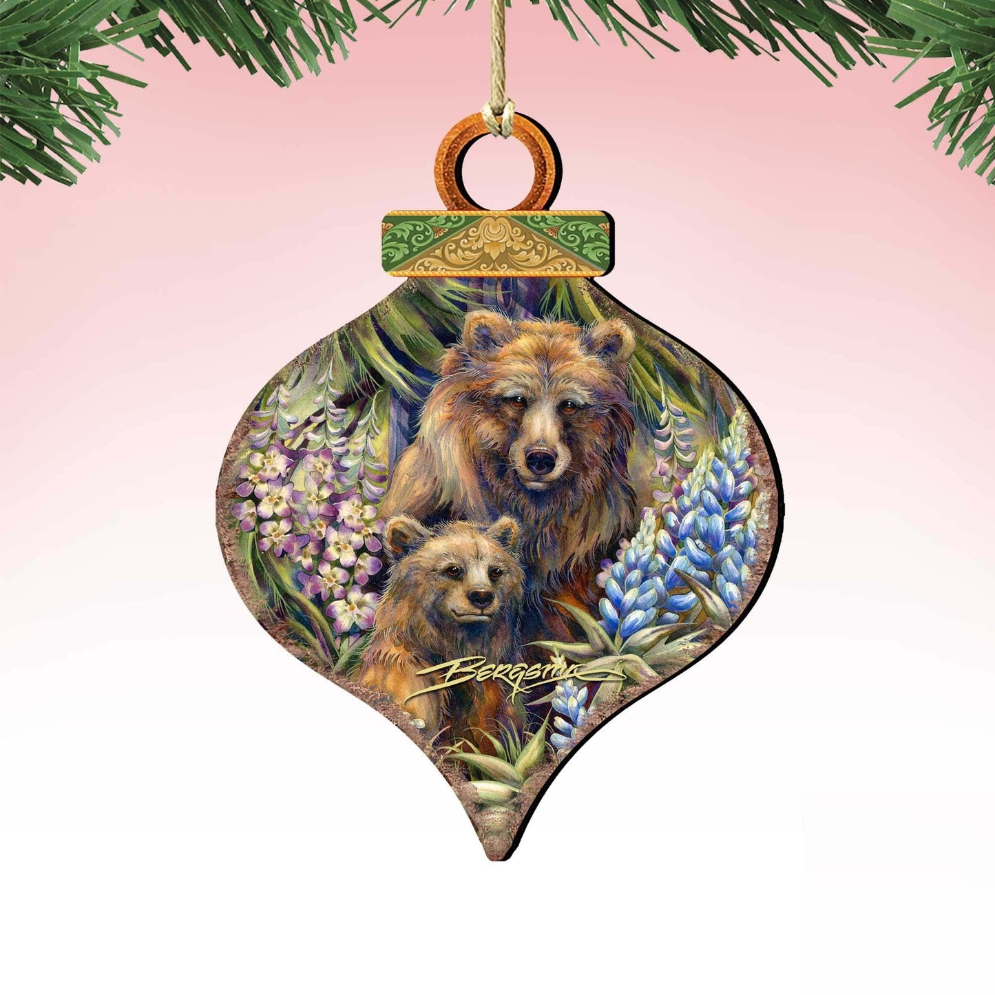 Grin Bear it Grizzly Mother Cub Wooden Ornaments by J. Bergsma - Wildlife Holiday Decor - 8591947-JB