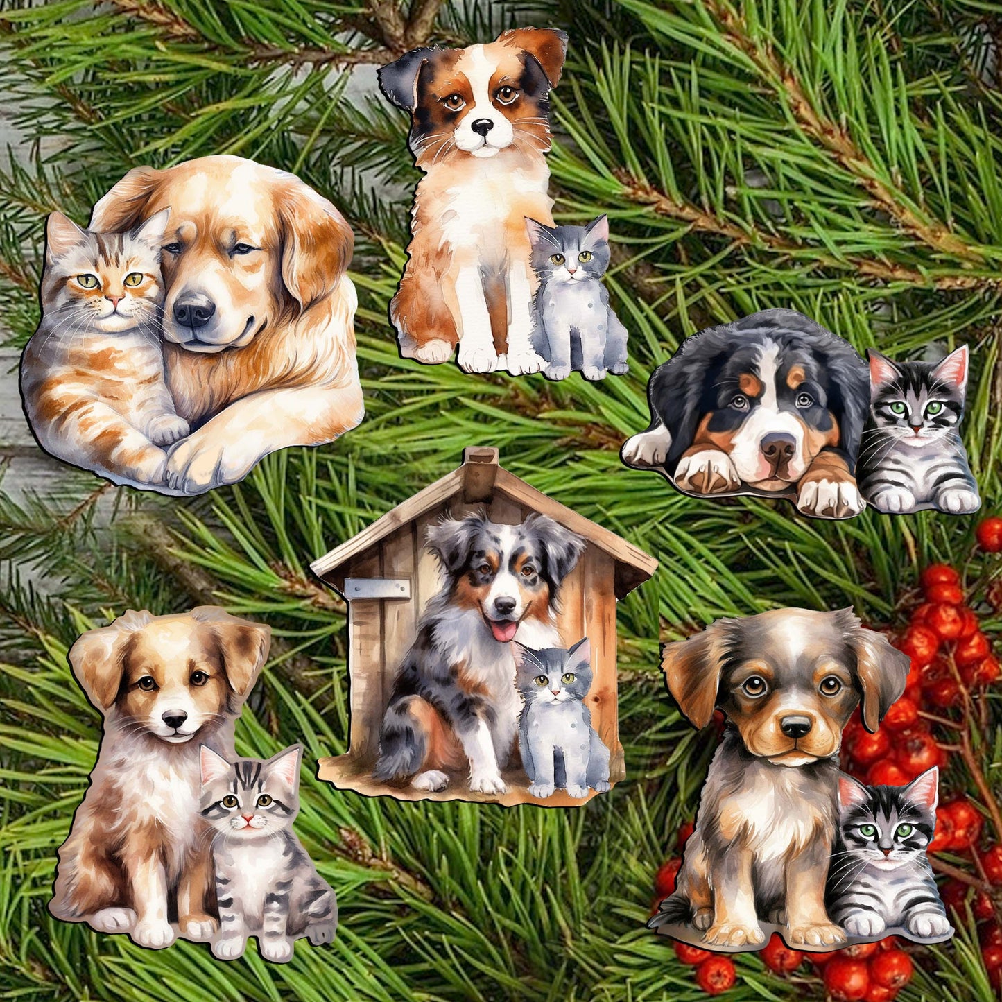 Dogs Decorative Wooden Clip-on Ornaments of 6 by G. Debrekht - Christmas Decor - 8090017C-S6