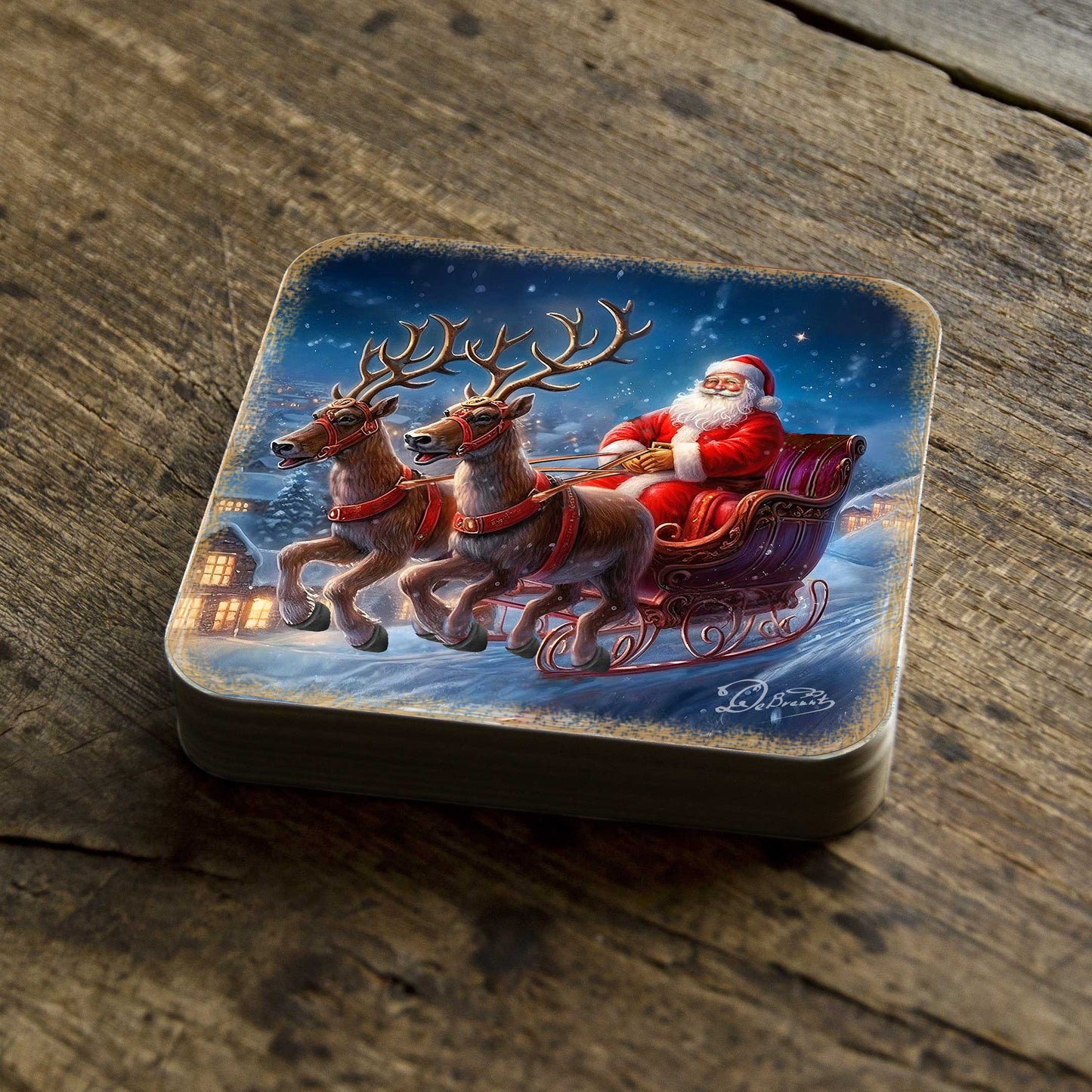 Santa's Sleigh Wooden Cork Coasters Gift Set of 4 by G. Debrekht - Santa Christmas Decor  - 8199445C-S4
