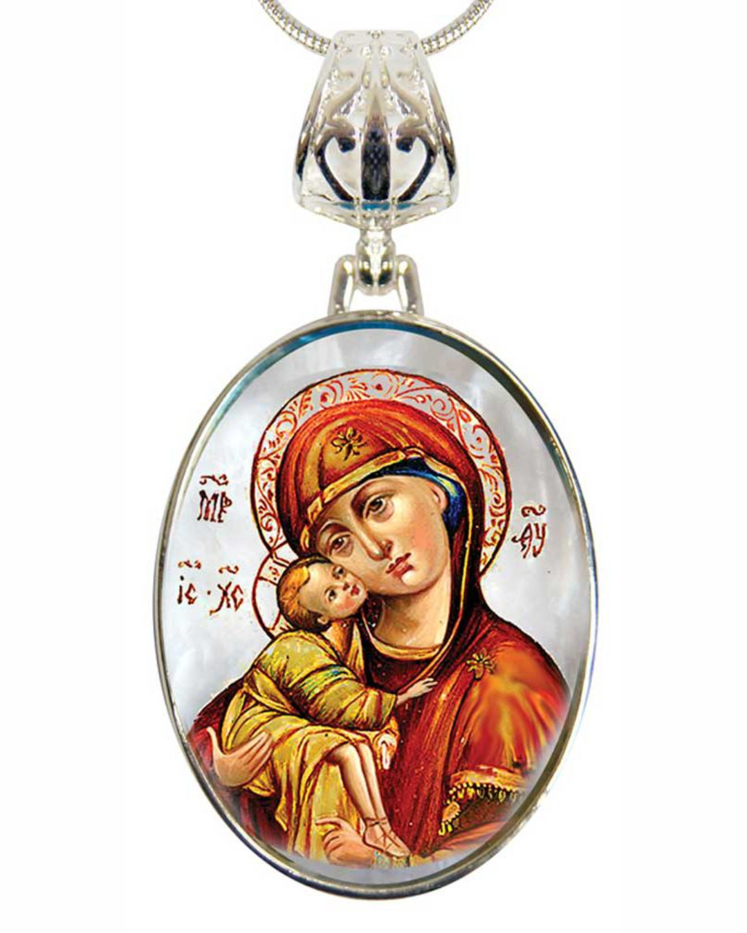 Holy Virgin Mary Vladimir Silver Plated Mother of Pearl Necklace Jewelry - 43011