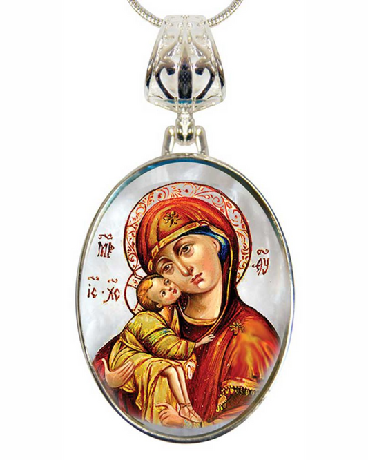 Holy Virgin Mary Vladimir Silver Plated Mother of Pearl Necklace Jewelry - 43011