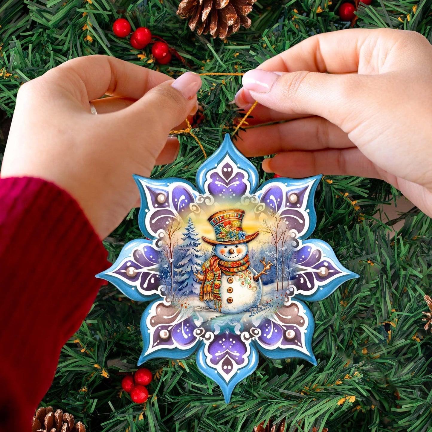 Snowman Purple Snowflake Wooden Ornaments by G. Debrekht - Christmas Santa Snowman Decor - 8688426