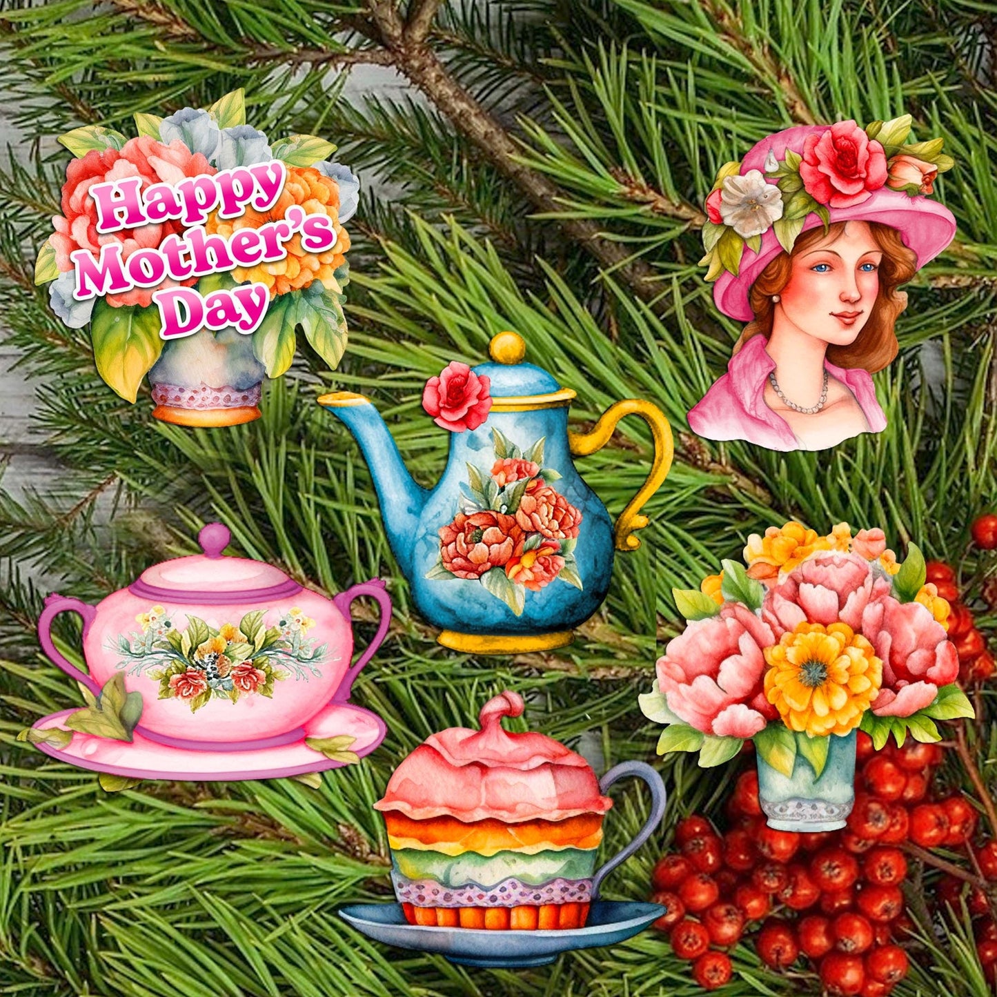 Happy Mother's Day Decorative Wooden Clip-on Ornaments Set of 6 by G. Debrekht - Love Family Decor - 8090059C-S6