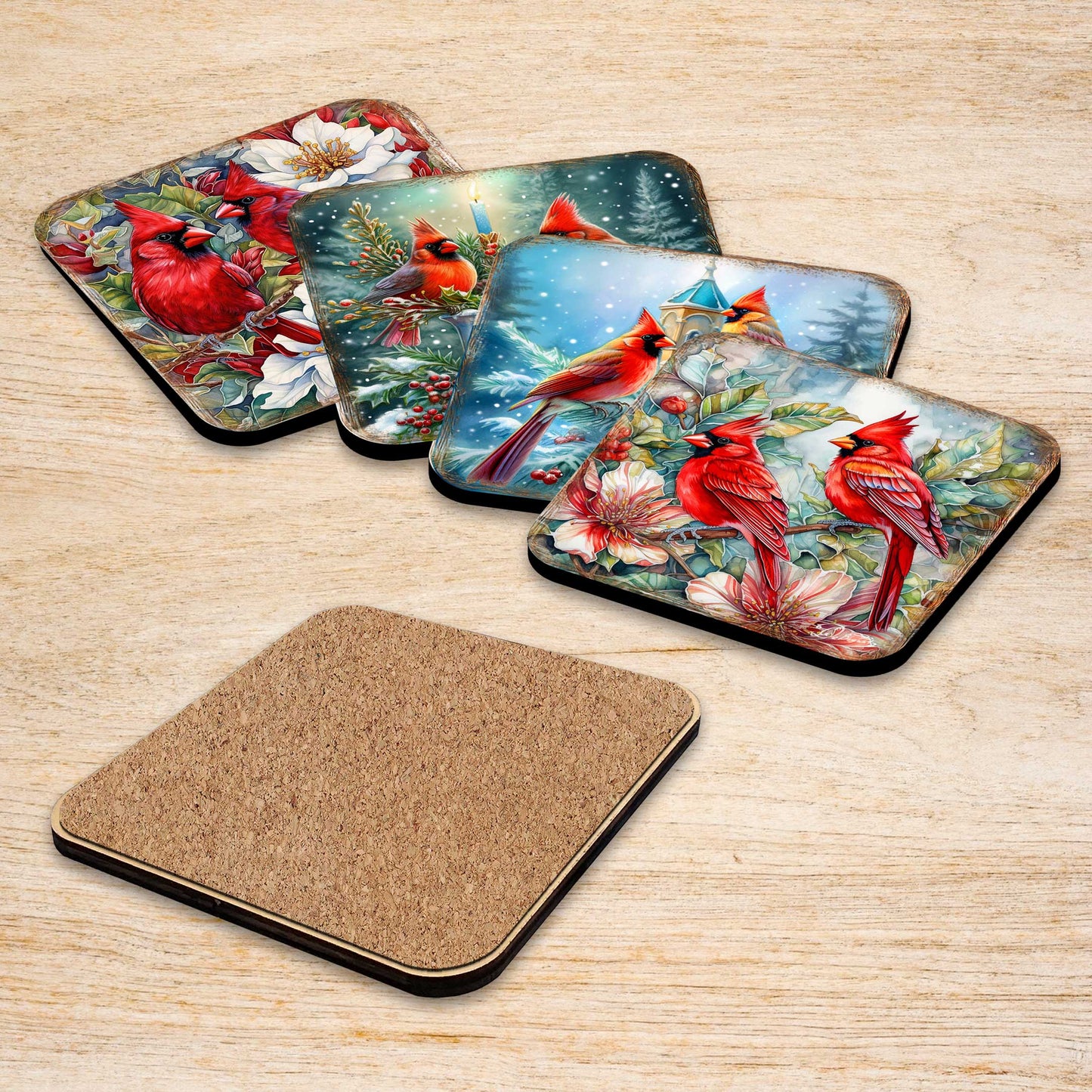 Red Cardinals Wooden Cork Coasters Gift Set of 4 by G. Debrekht - Wildlife Decor  - 8199452C-S4