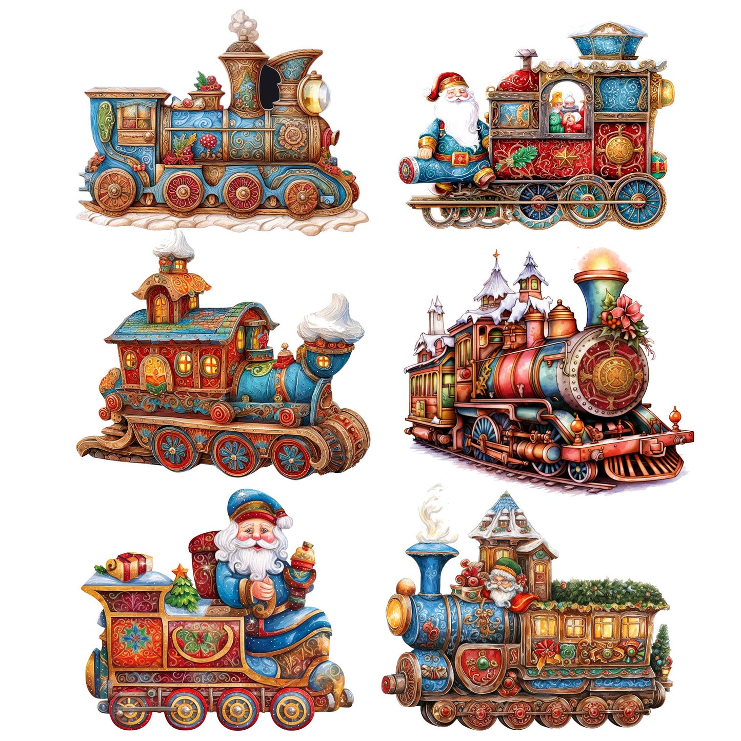Santa Christmas Train Decorative Wooden Magnets Set of 6 by G. Debrekht - Christmas Decor - 8090123G-S6