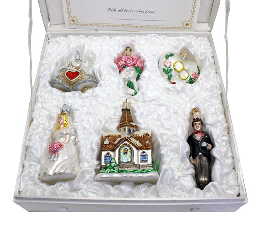 Wedding Ornaments Set of 6 Engagement - Unique Gift Made from Fabric Hand-Embroidered One-of-a-Kind Gift Set by GDeBrekht