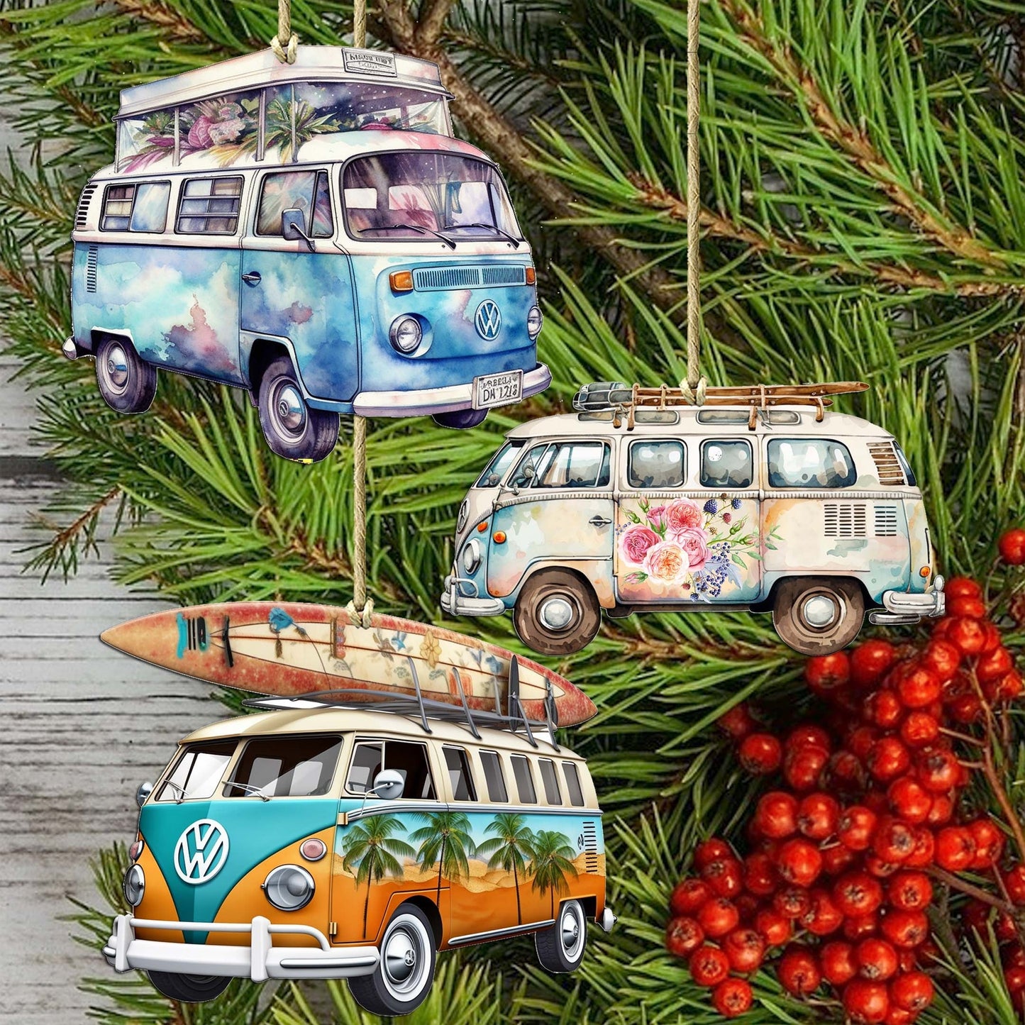 Surf Vans Decorative Wooden Ornaments Set of 3 by G. Debrekht - Coastal Decor - 8091040-S3