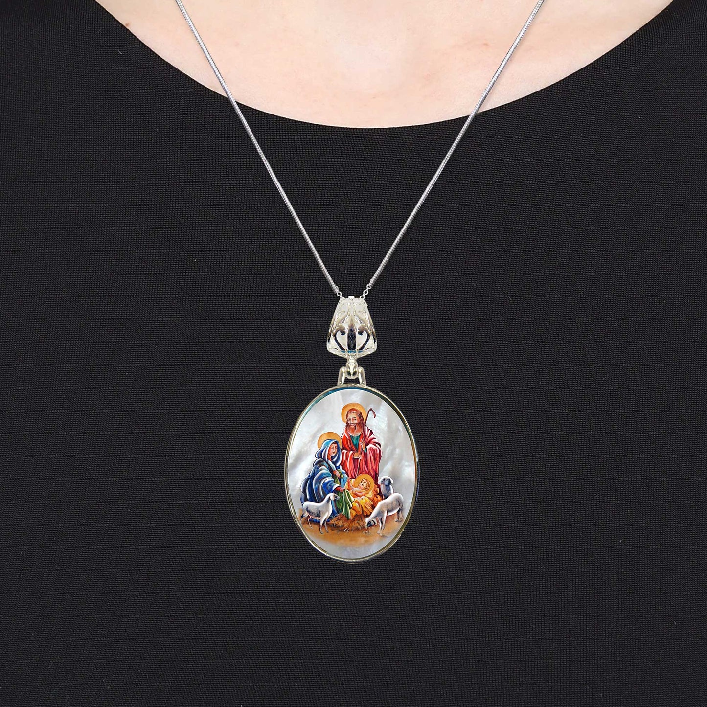 Holy Family Silver Plated Mother of Pearl Jewelry Necklace - 43050