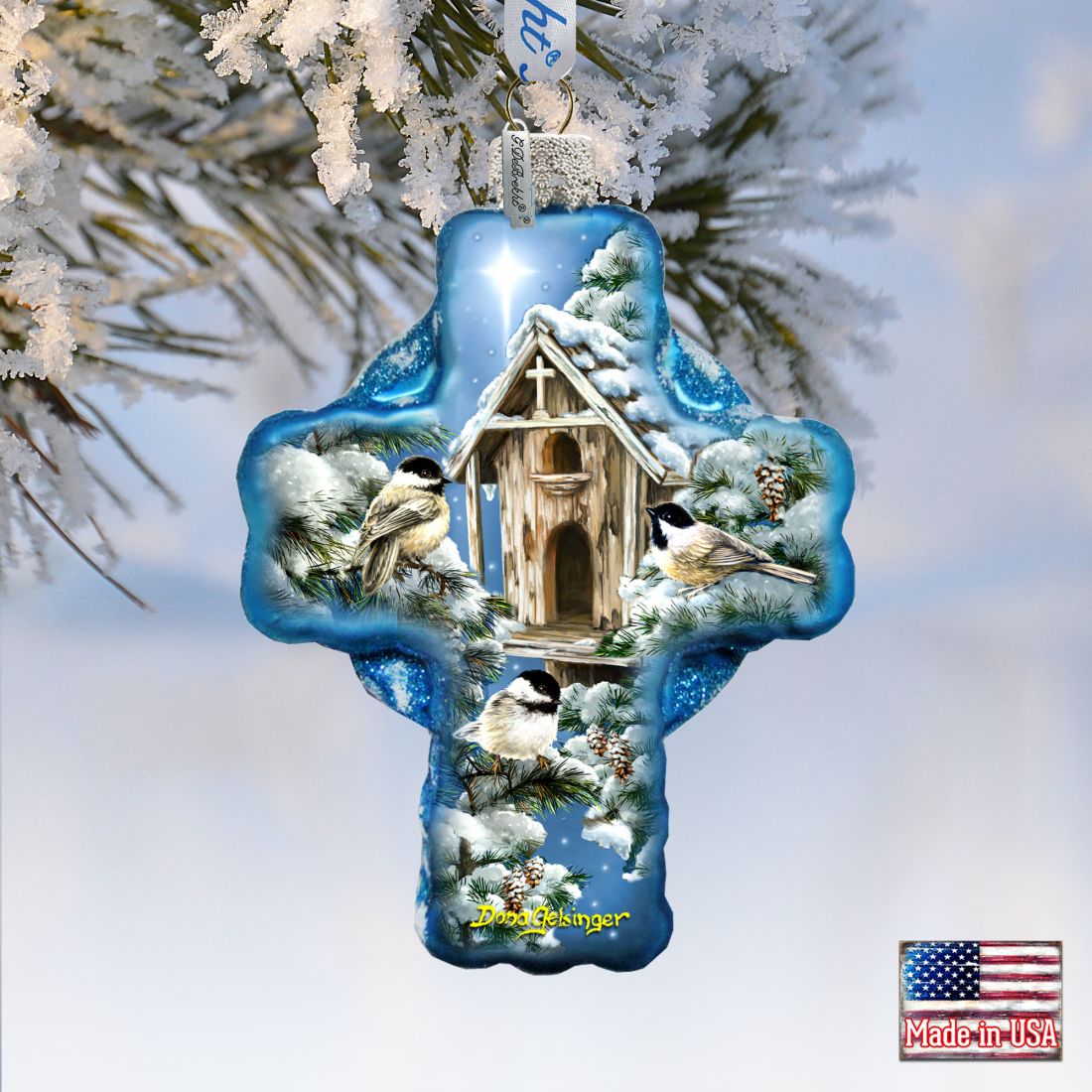 Winter Birds House Icon Cross Glass Ornament by D. Gelsinger - Nativity Holiday Decor - 758-022-DG
