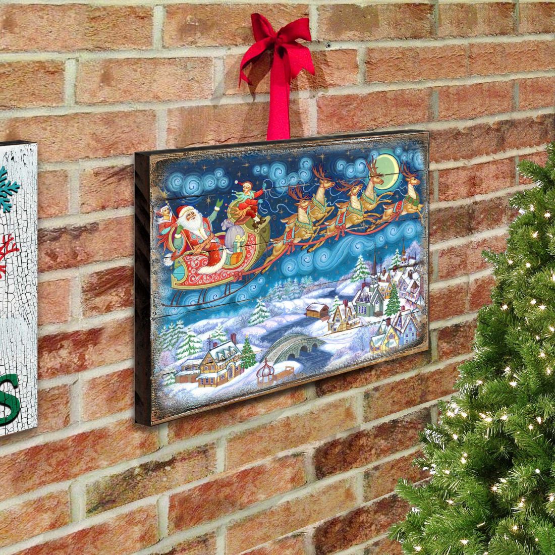 Up-Up and Away Santa Wooden Wall Art by G. DeBrekht - Christmas Santa Snowman Decor - 8151062B