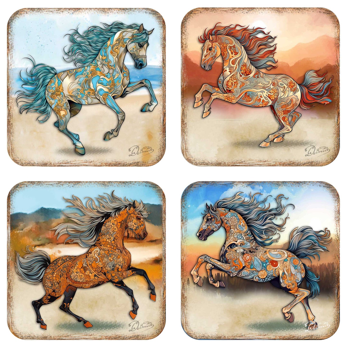 Horses Wooden Cork Coasters Gift Set of 4 by G. Debrekht - Wildlife Decor  - 8199444C-S4