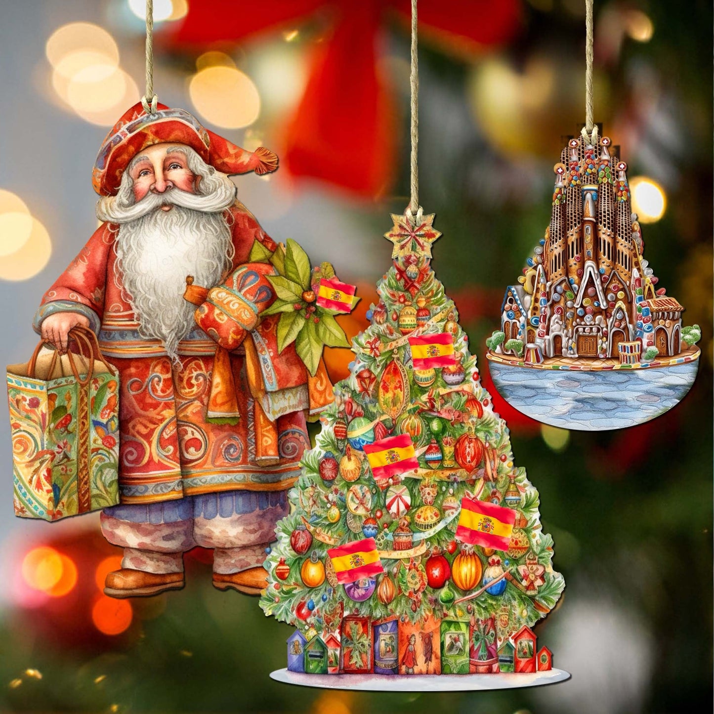 Santas Around the World - Spanish Inspired Santa - Wooden Ornaments Set of 3 by G. DeBrekht Christmas Santa Snowman Decor - 8091305S3