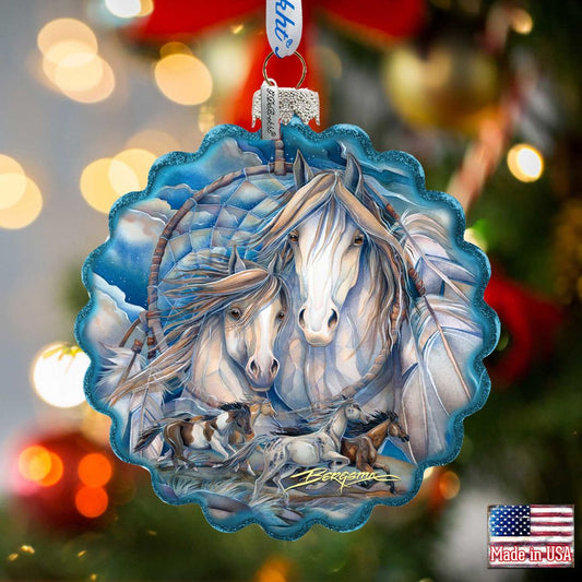 Mustangs Dream Catcher Journey Wreath Glass Ornament by J. Bergsma - Wildlife Holiday Decor - 759-637-JB