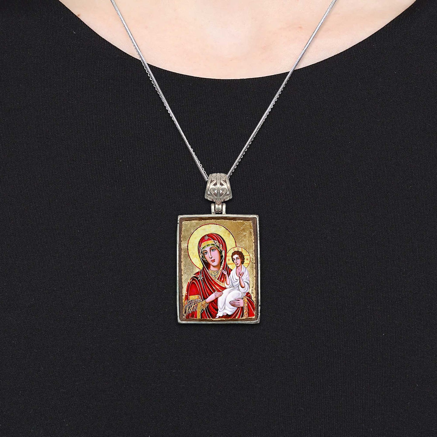 Virgin Mary Directress Religious Jewelry Silver Plated Necklace, Gold-Plated Wooden Cabochon - Orthodox Sacred Icon - Inspirational Icon Decor - 43029R