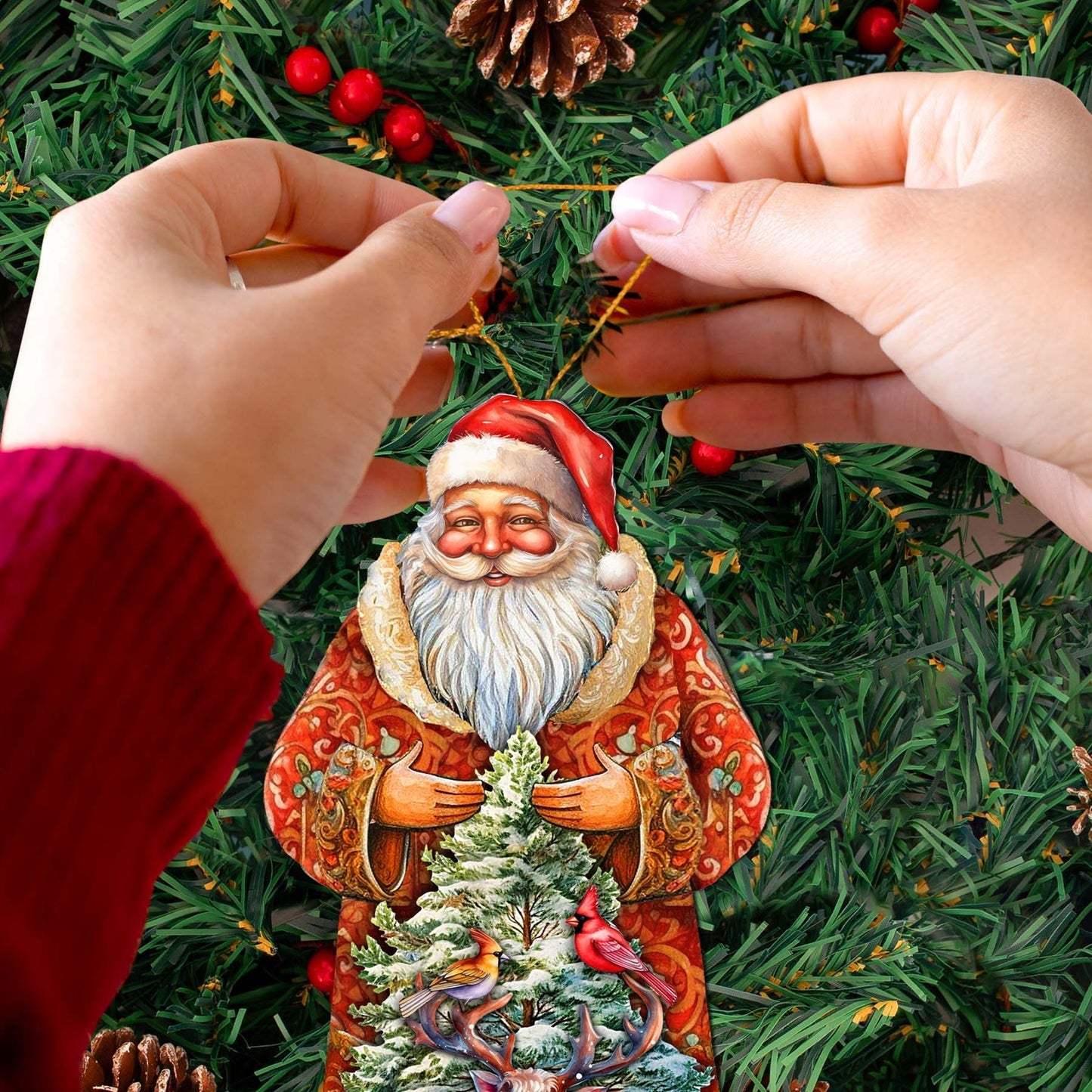 Santa with Forest Friends Wooden Ornaments by G. Debrekht - Christmas Santa Snowman Decor - 8691409