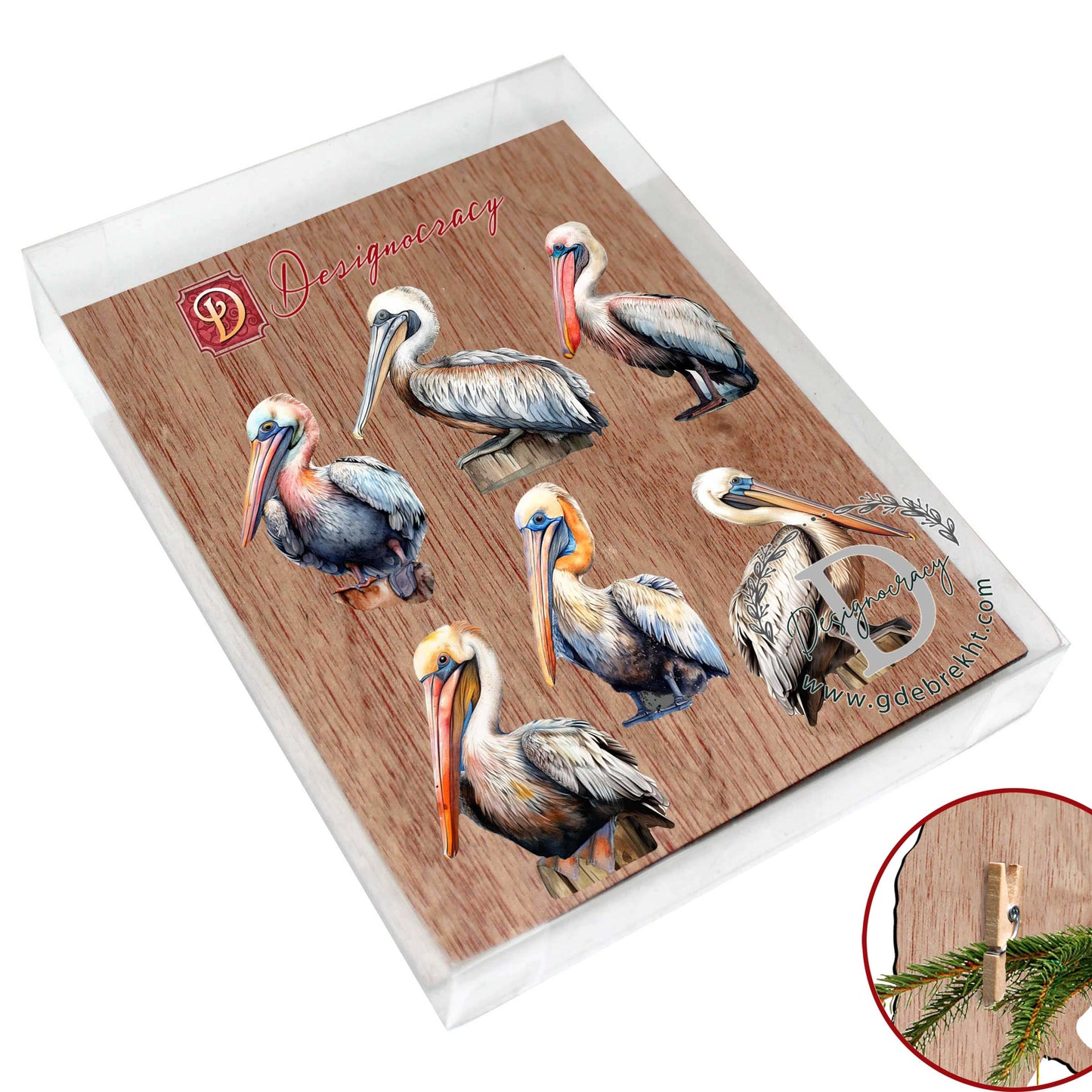 Pelicans Decorative Wooden Clip-on Ornaments of 6 by G. Debrekht - Christmas Decor - 8090014C-S6