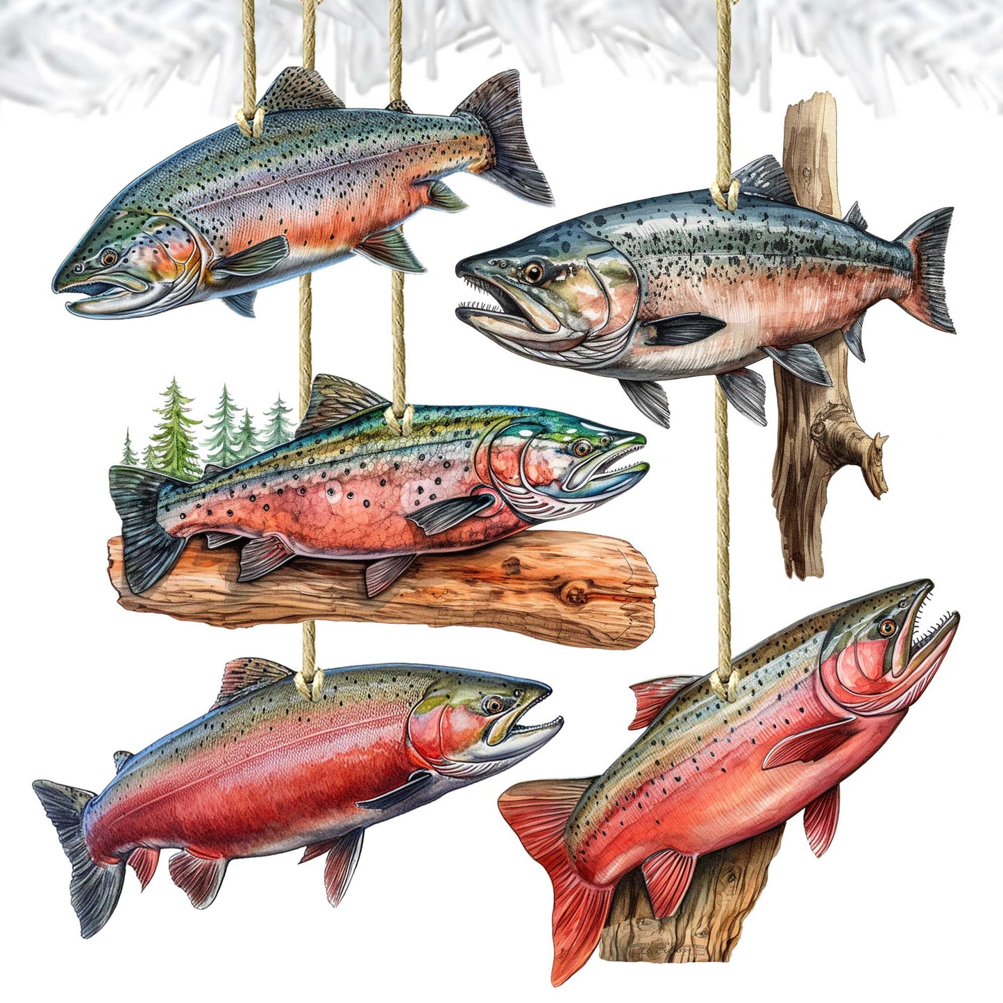 Alaskan Salmon Wooden Ornaments Set of 5 by G. Debrekht - Wildlife Holiday Decor - 8091322S5