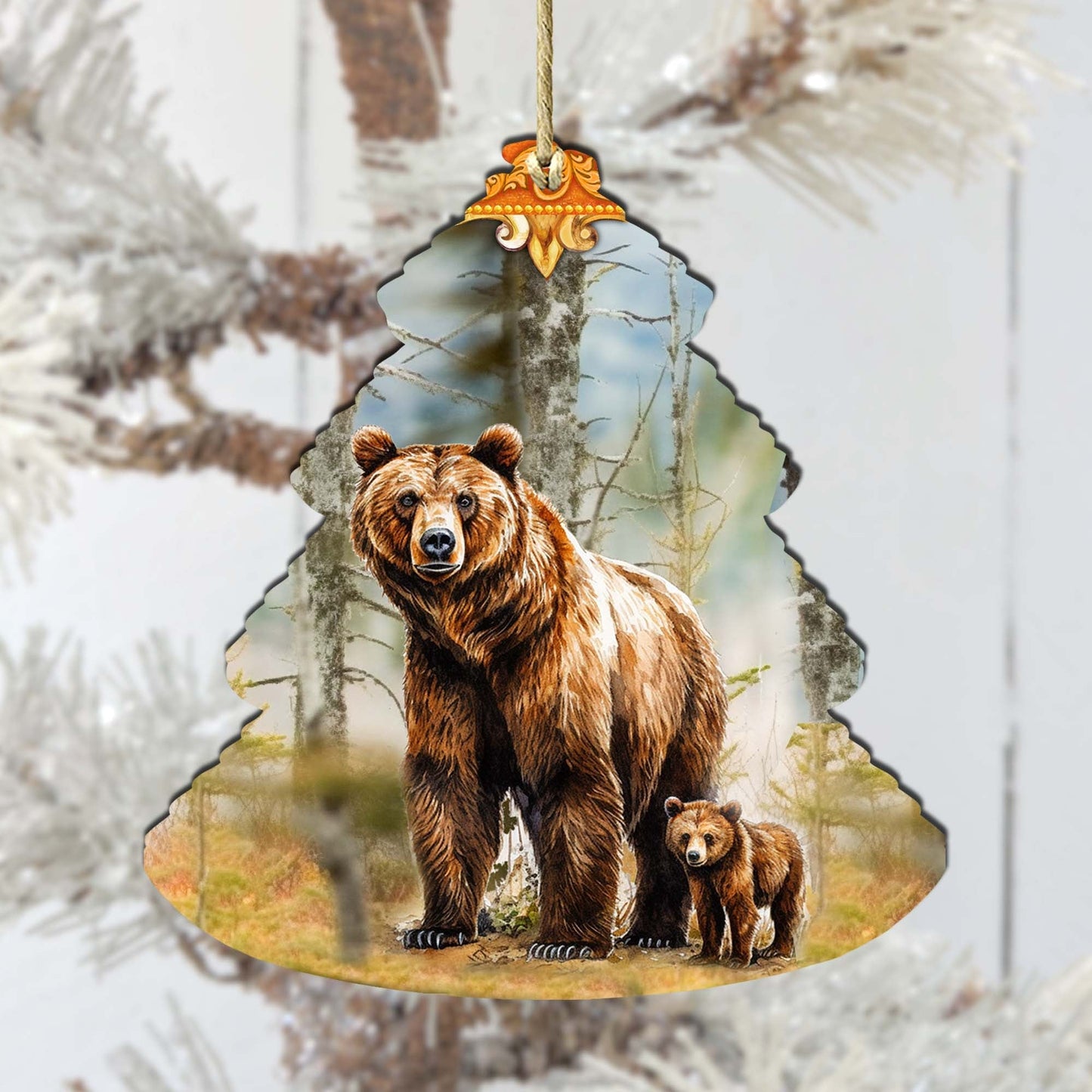 Forest Grizzly Bond Tree Wooden Ornaments by G.Debrekht - Wildlife Holiday Decor - 870010