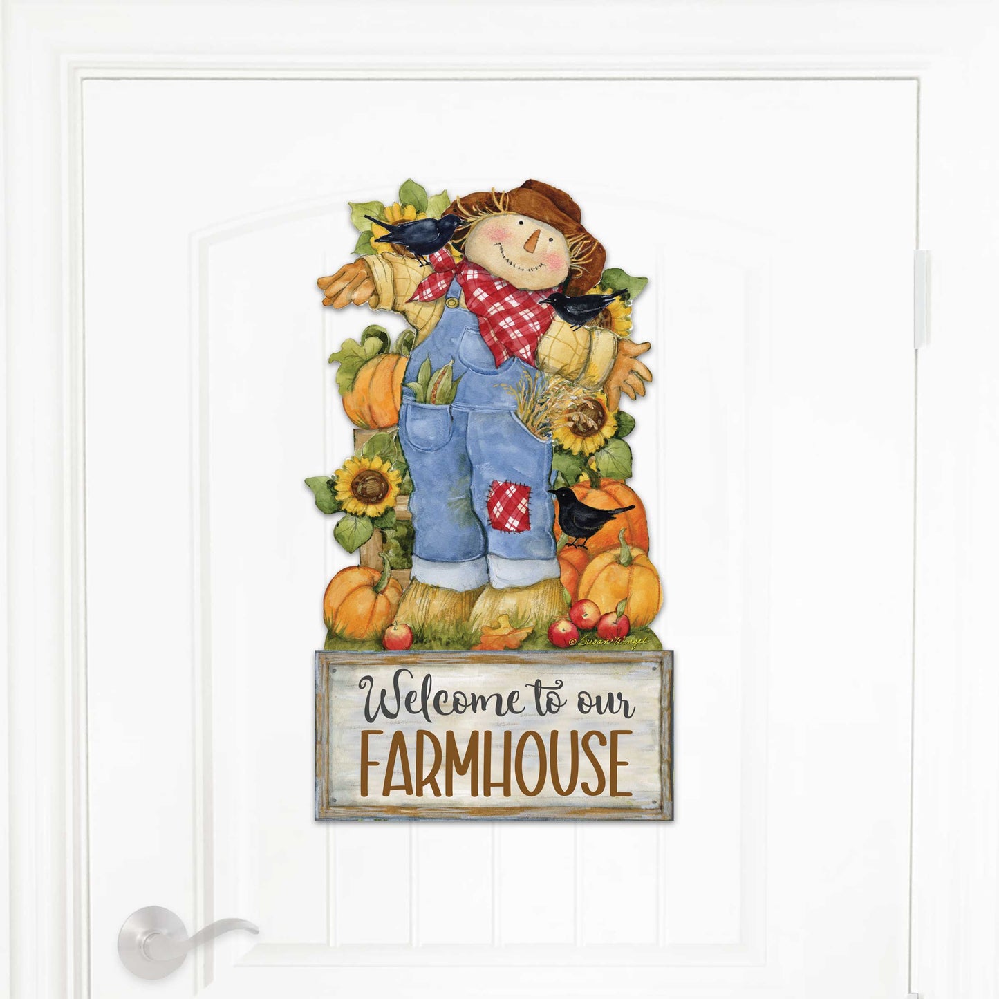 Farmhouse Door Hanger Fall Decoration Harvest Scarecrow Welcome Sign - Handmade Gift Autumn Adornment by Susan Winget - 8471211-2H-SW