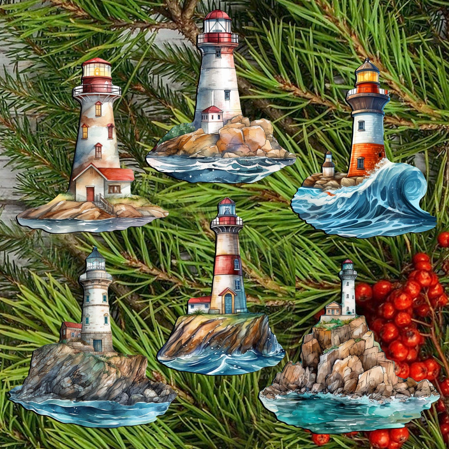 Lighthouse Decorative Wooden Clip-on Ornaments Set of 6 by G. Debrekht - Coastal Decor - 8090022C-S6