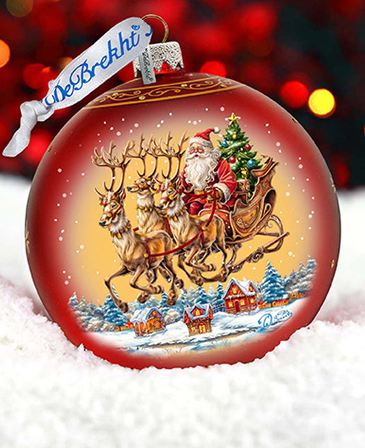 Santa on Sleigh Lg Glass Ornament by G.Debrekht - Christmas Santa Snowman Decor - 73938