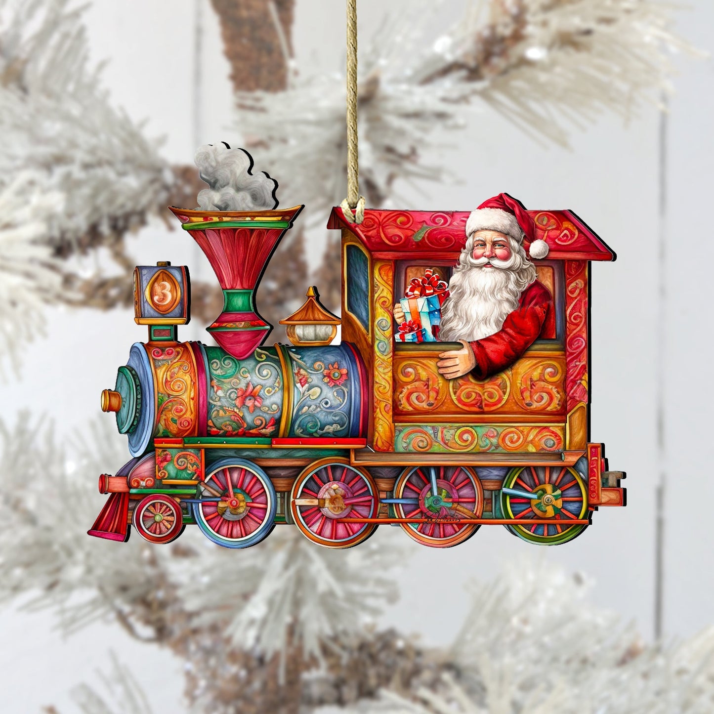 Santa's Train Wooden Ornaments by G. Debrekht Christmas Santa Snowman Decor - 8611090