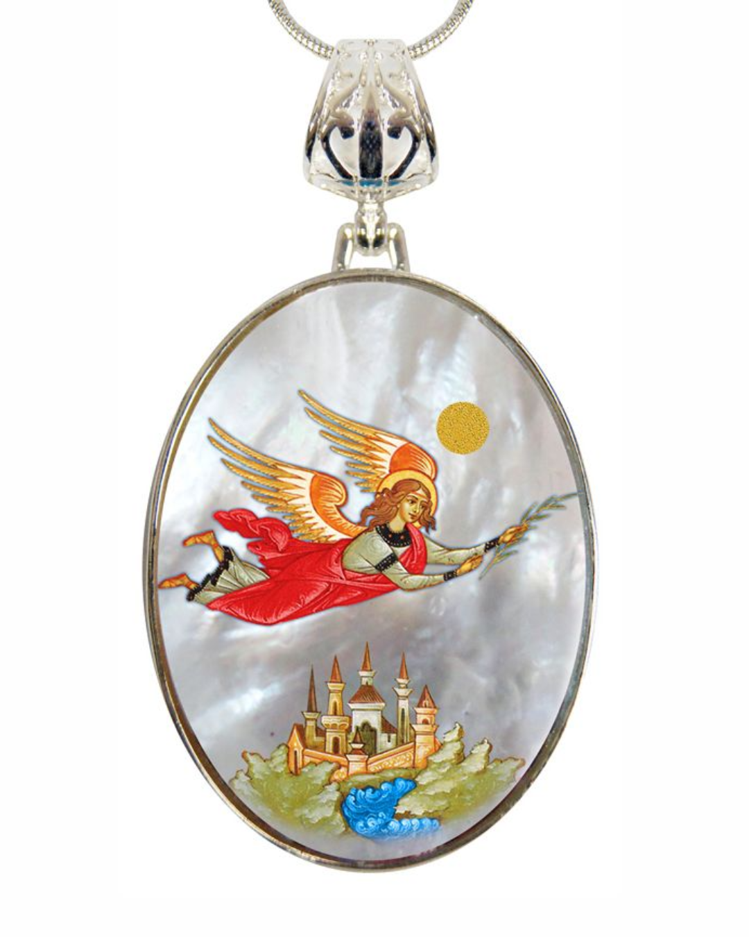 Watching Over Flying Angel Silver Plated Mother of Pearl Necklace - 43034