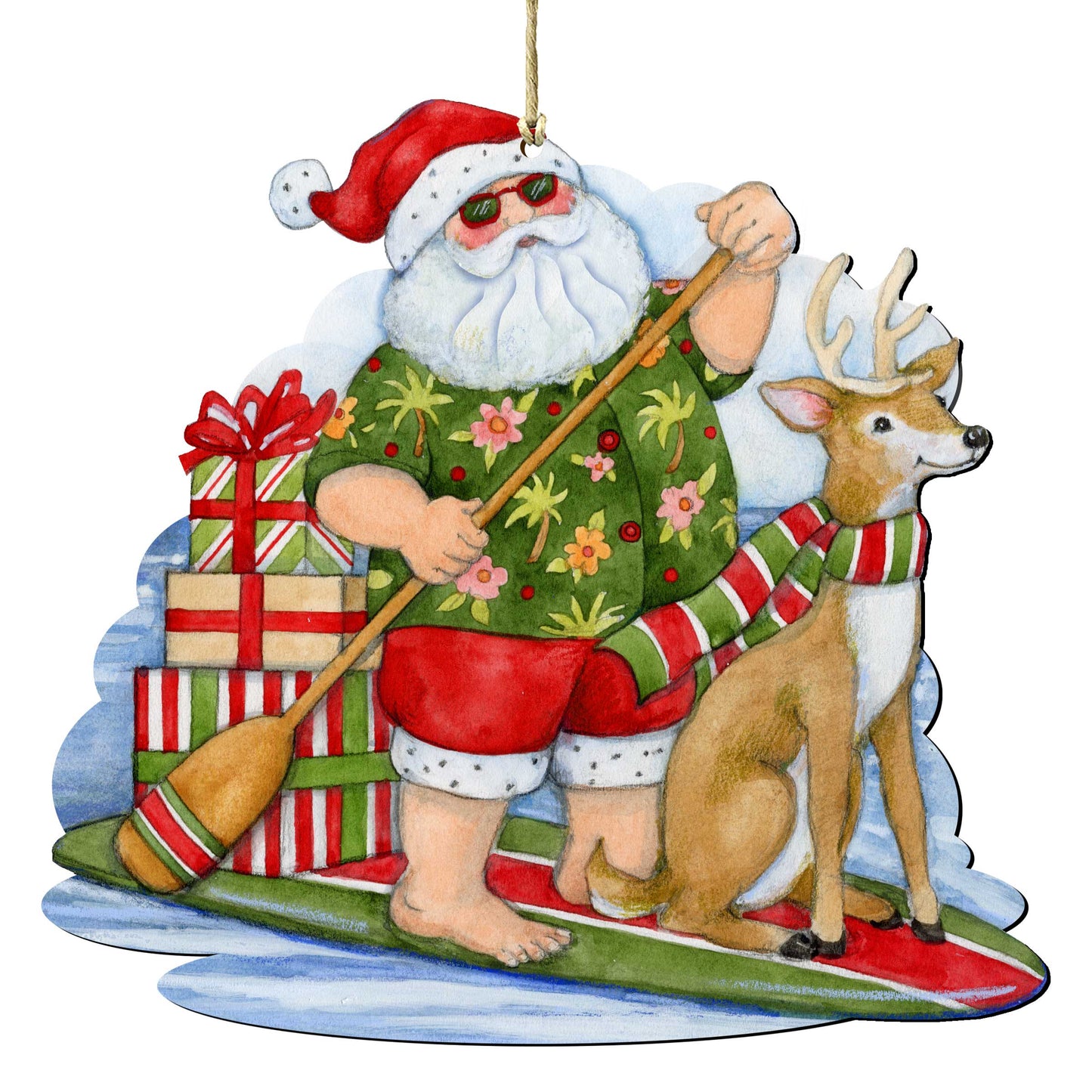 Christmas Decoration Paddleboarding Santa - Handmade Wooden Tree Ornament by Susan Winget - 8471114-SW