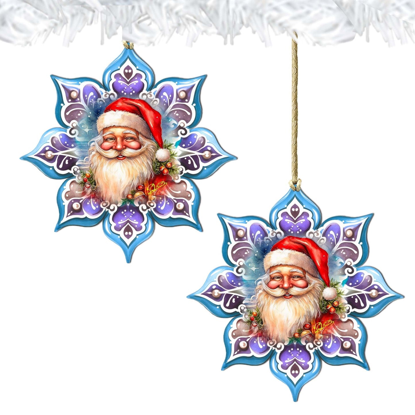Smiling Santa Snowflake Wooden Ornaments by G. Debrekht - Christmas Santa Snowman Decor - 8688423