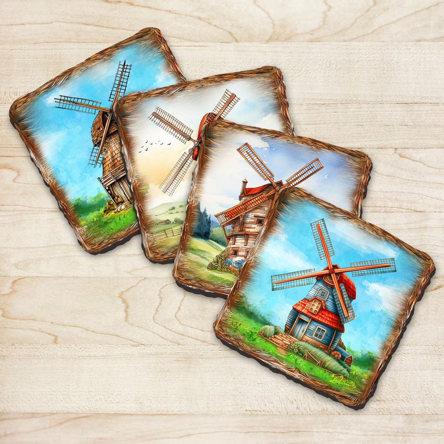 Windmills Wooden Cork Coasters Gift Set of 4 by Nature Wonders - Nature Wildlife Decor  - 95406C-S4