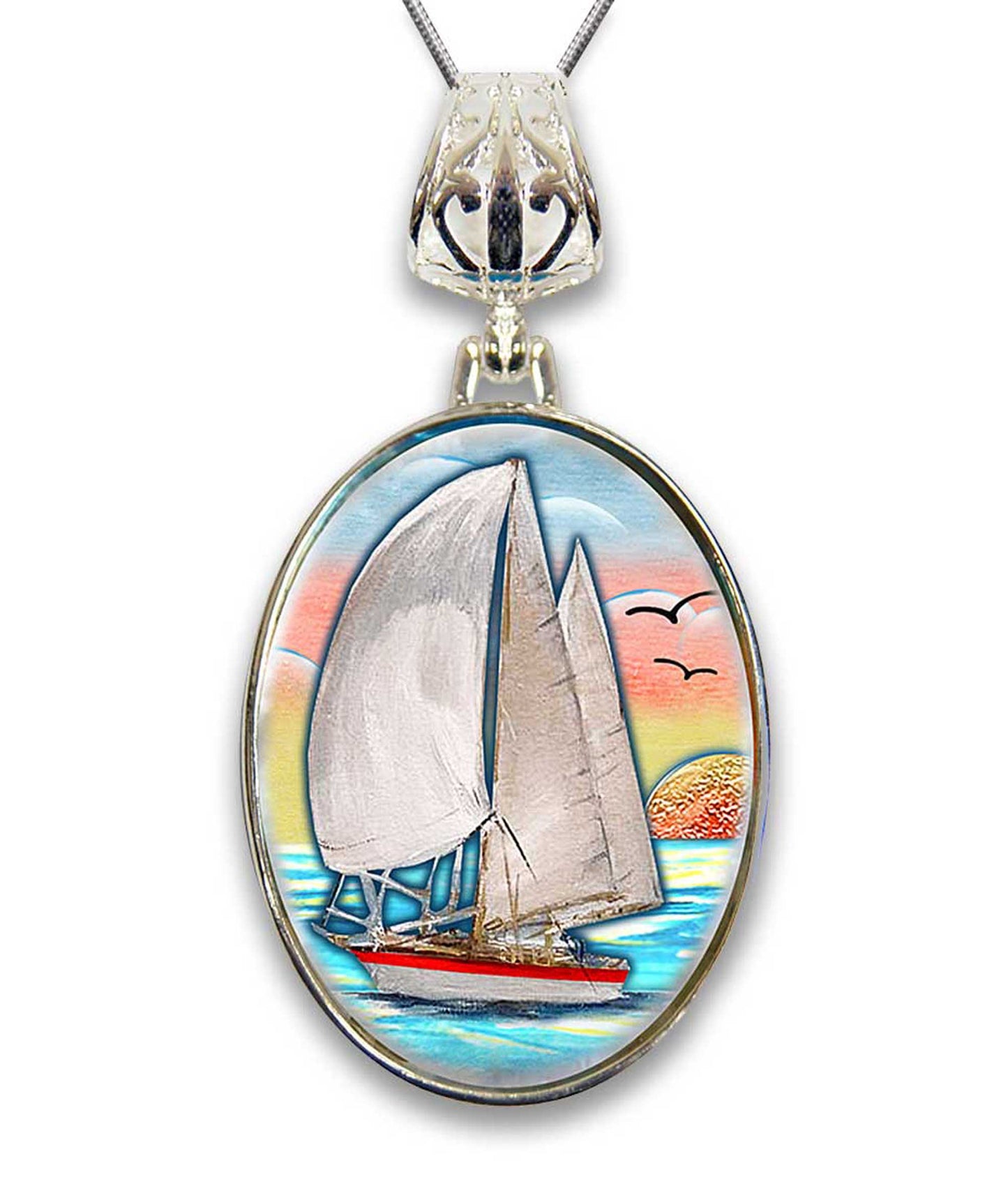 Sailboat Silver Plated Mother of Pearl Jewelry Pendant Necklace Coastal - 44043