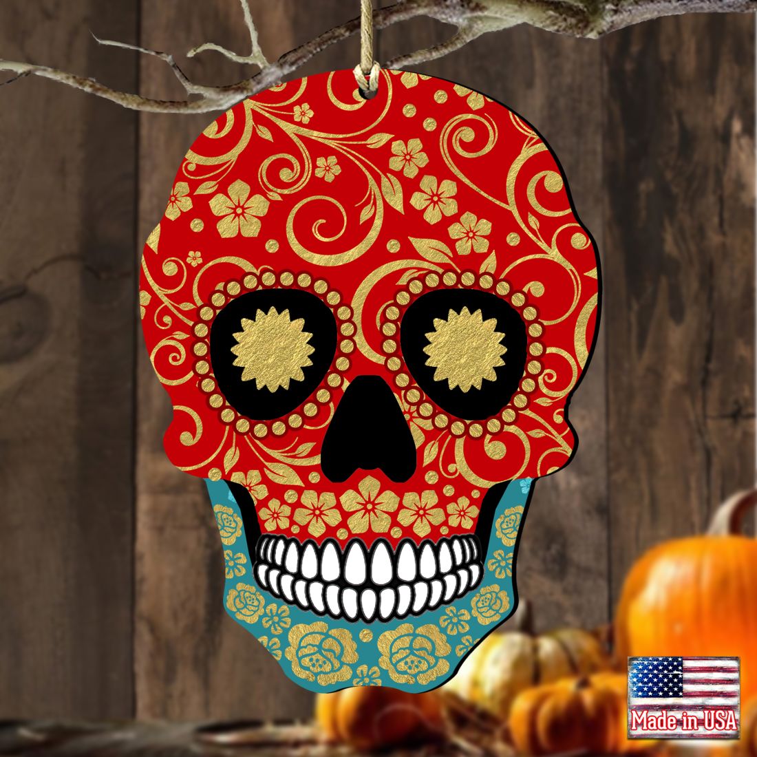 Day of the Dead Decorated Skull Wooden Ornaments by G. DeBrekht - Thanksgiving Halloween Decor - 8198443-2