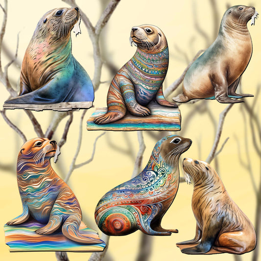 Magic Sea Lions Decorative Wooden Clip-on Ornaments Set of 6 by G. Debrekht - Wildlife Decor - 8090112C-S6
