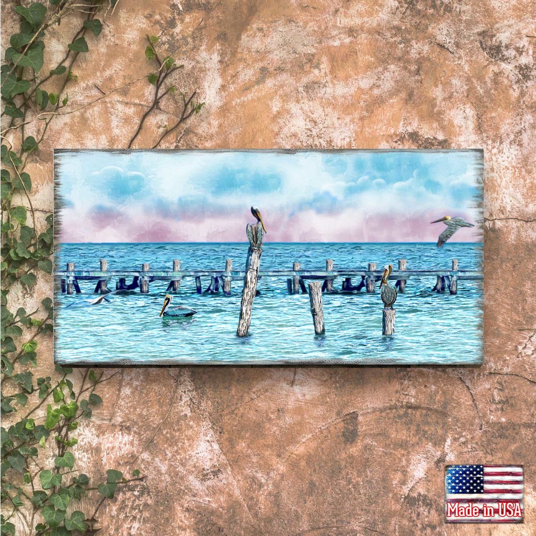 Ocean Paradise Pelicans and Seagulls Wooden Coastal Wall Art by Nature Wonders - Coastal Sea-Life Decor - 95252-6B-L