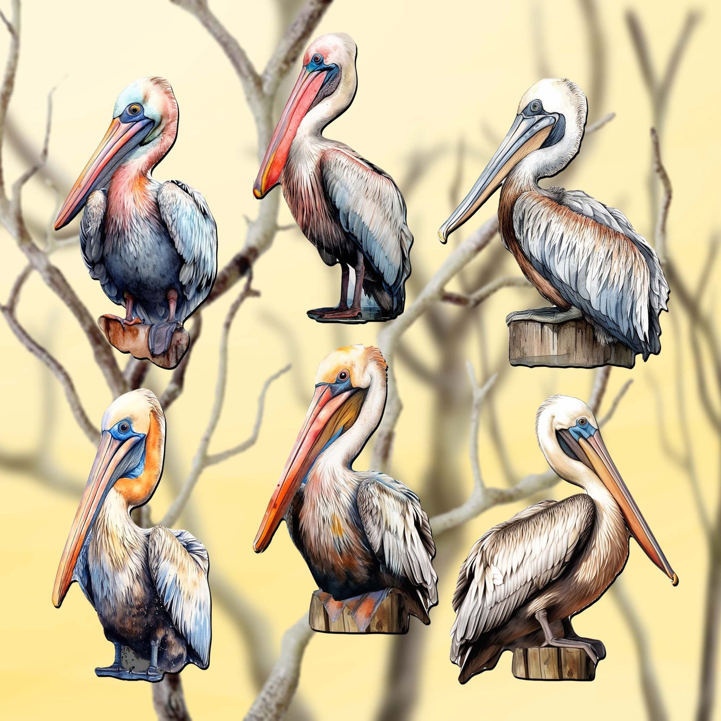 Pelicans Decorative Wooden Clip-on Ornaments of 6 by G. Debrekht - Christmas Decor - 8090014C-S6