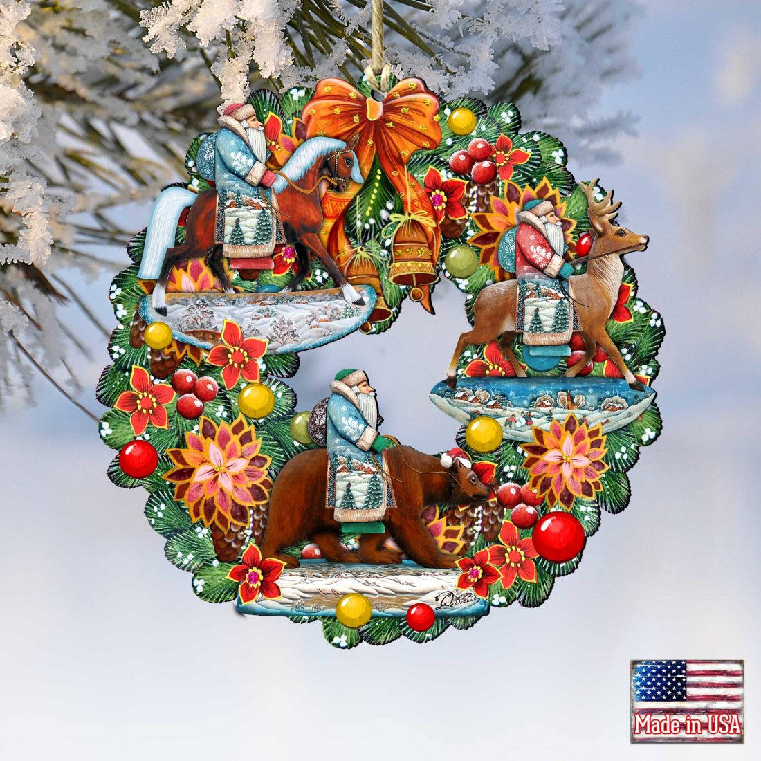 Traveling Santa Wreath Wooden Ornaments by G. DeBrekht - Christmas Decor - 8185307-2