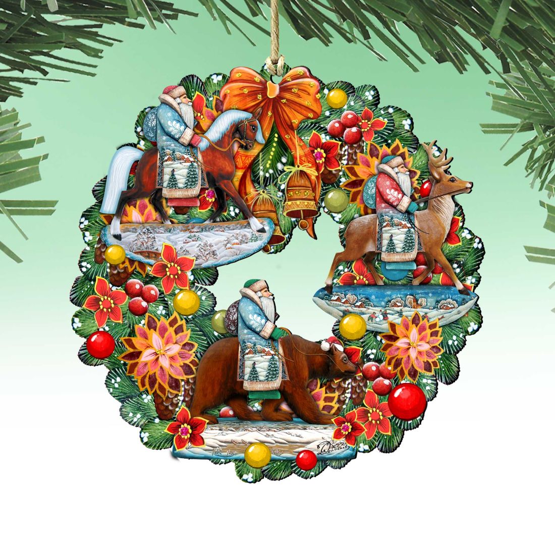 Traveling Santa Wreath Wooden Ornaments by G. DeBrekht - Christmas Decor - 8185307-2