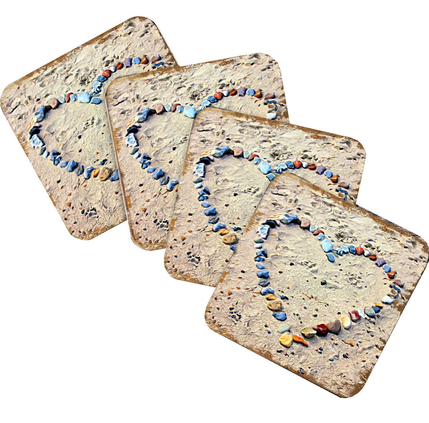 Heart Beach Art Coastal Wooden Cork Coasters Gift Set of 4 by Nature Wonders - Coastal Sea-Life Decor - 95254C-S4