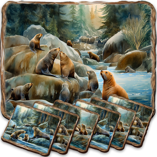 Sea Lion Cave Wooden Cork Placemat and Coasters Gift Set of 7 by Nature Wonders Coastal Nature Wildlife Decor  - 85413C-S7