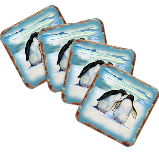 Penguins Wooden Cork Coasters Gift Set of 4 by Nature Wonders - Nature Wildlife Decor  - 95382C-S4